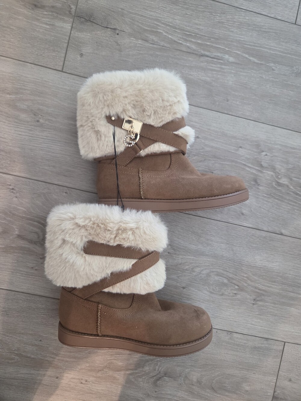 G By Guess Suede Shearling Fold-Over Winter Boots - Tan
